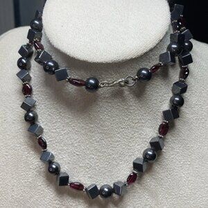 Vintage Hematite Necklace w/ Natural Garnet Beads, Sterling Clasp, 1980s